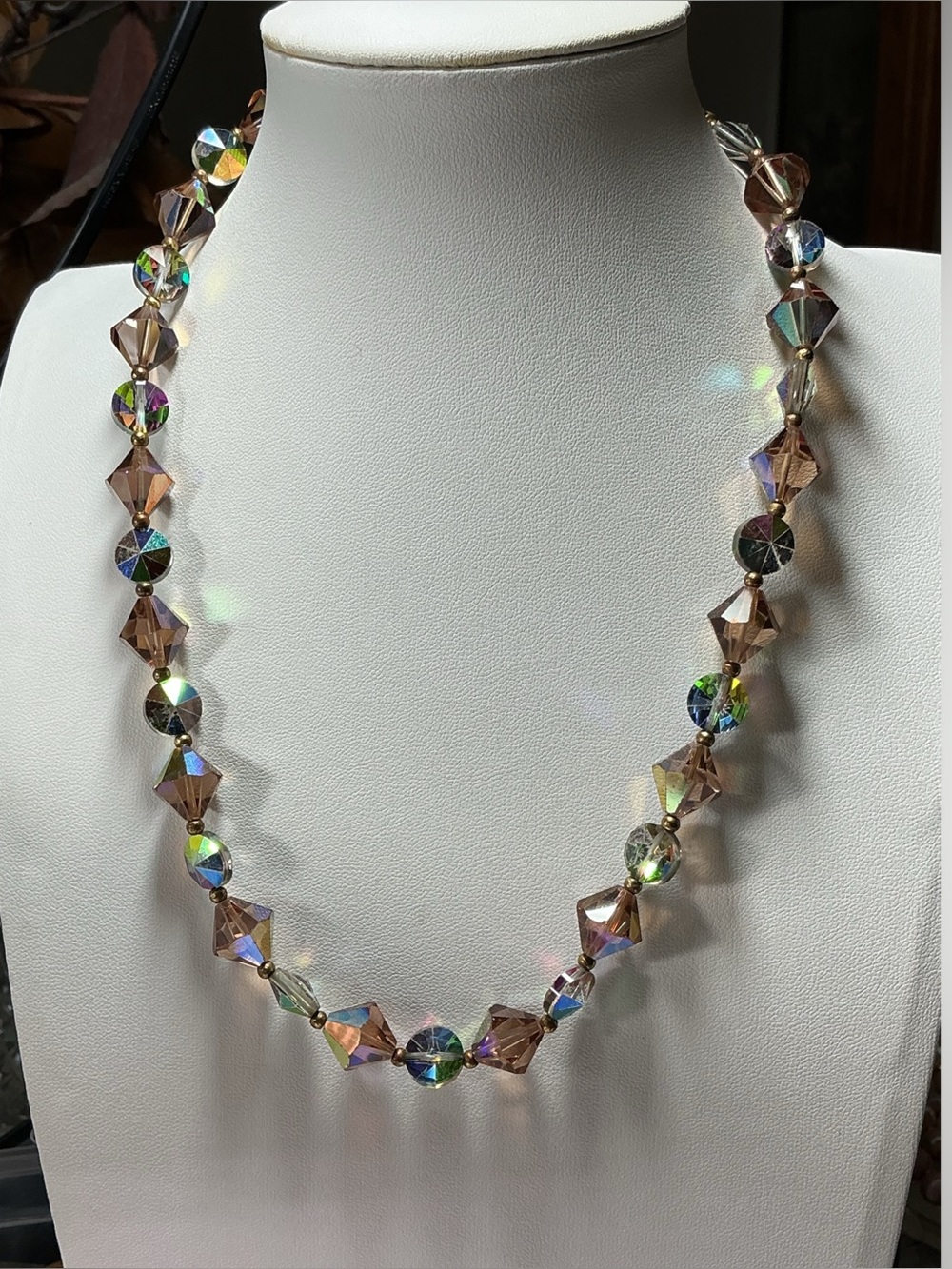 Vintage Aurora Borealis Topaz Crystal Bead Necklace AB Rivoli Gold Tone Clasp
